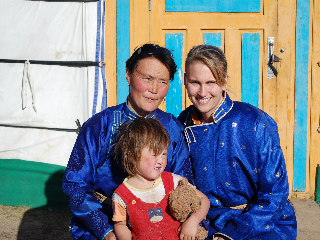I'm with Bulgan-Saihan and Arz Gargal in a traditional Mongolian del.