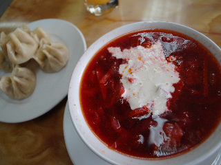 One of the cheapest and best meals I had in UB: Buuz with borscht